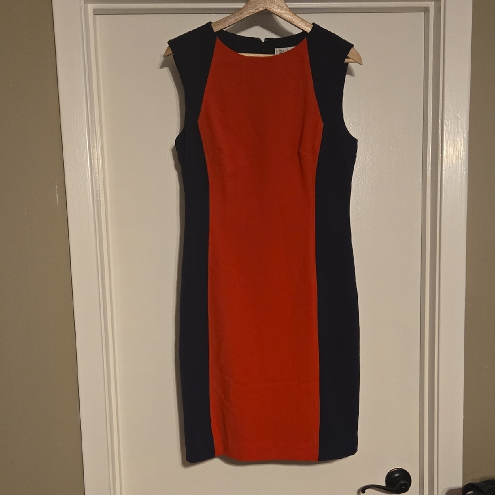 Tahari ASL Red & Navy Sleeveless Colorblock Midi Sheath Dress